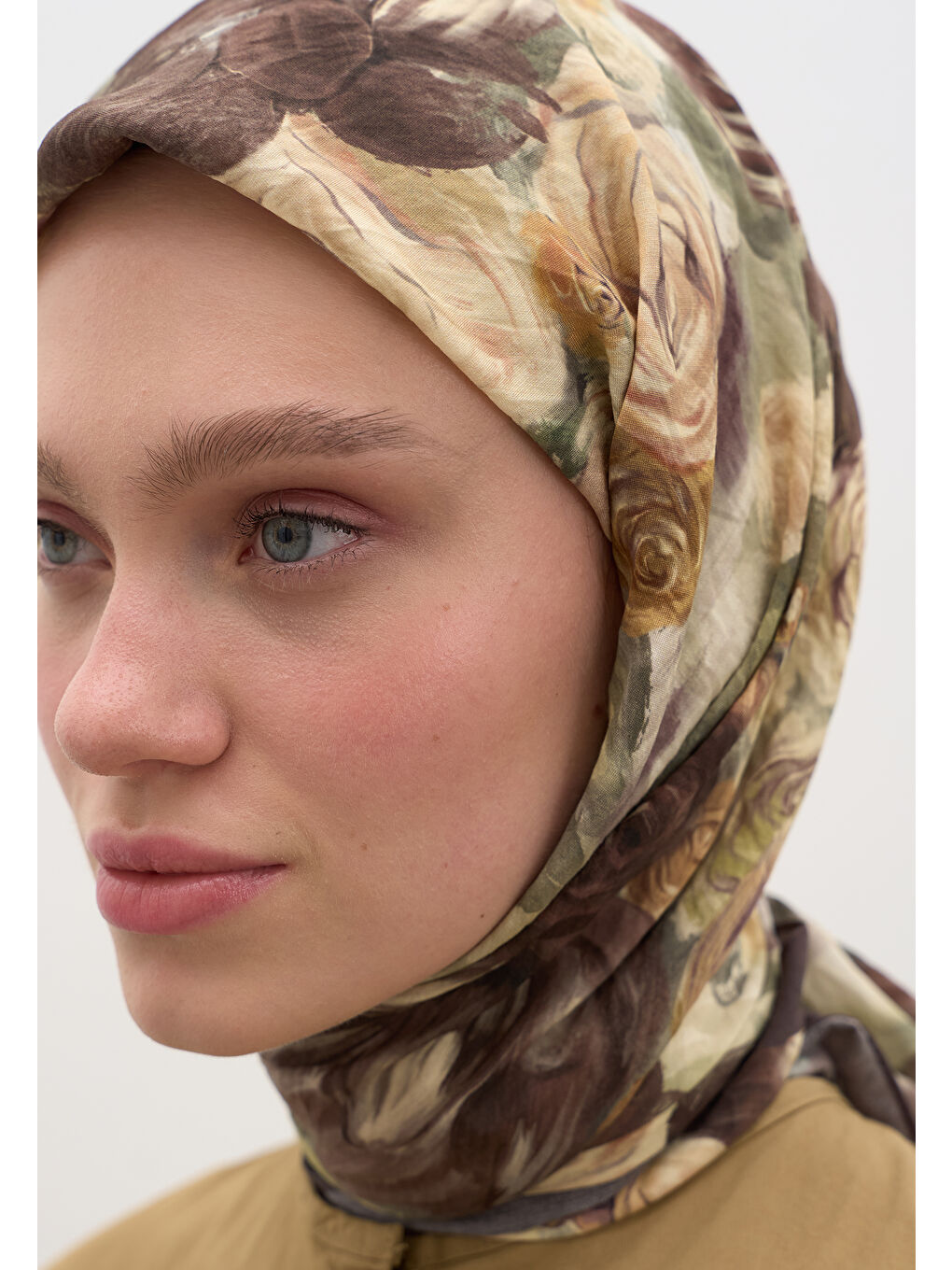 Kahverengi Rose Breeze Desen Pamuklu Viskon Eşarp Tozlu Kahve-2