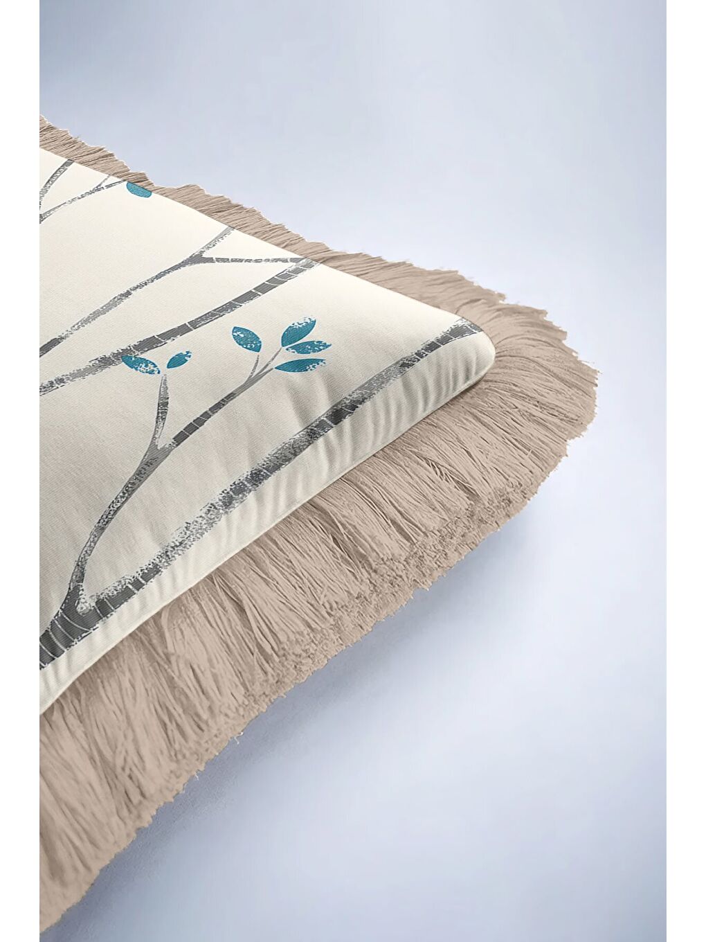 Karışık Doğal Ağaç Dallı Saçaklı Yastık Kılıfı - Modern Mavi Gri Bej Püsküllü Kırlent Kılıfı-6
