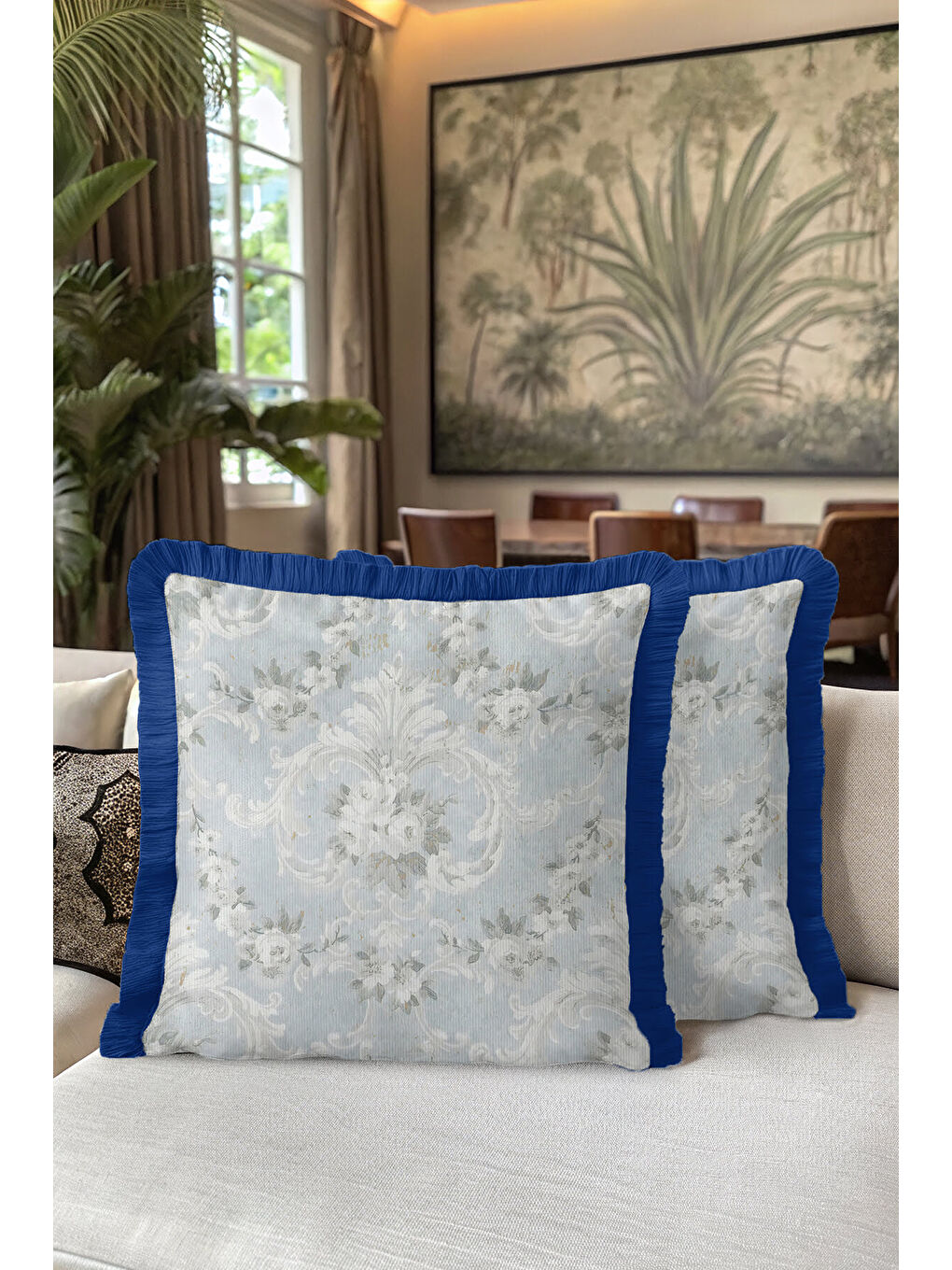 Karışık Barok Saray Motifli Saçaklı Yastık Kılıfı - Zarif Klasik Mavi Gri Rustik Püsküllü Kırlent Kılıfı-5
