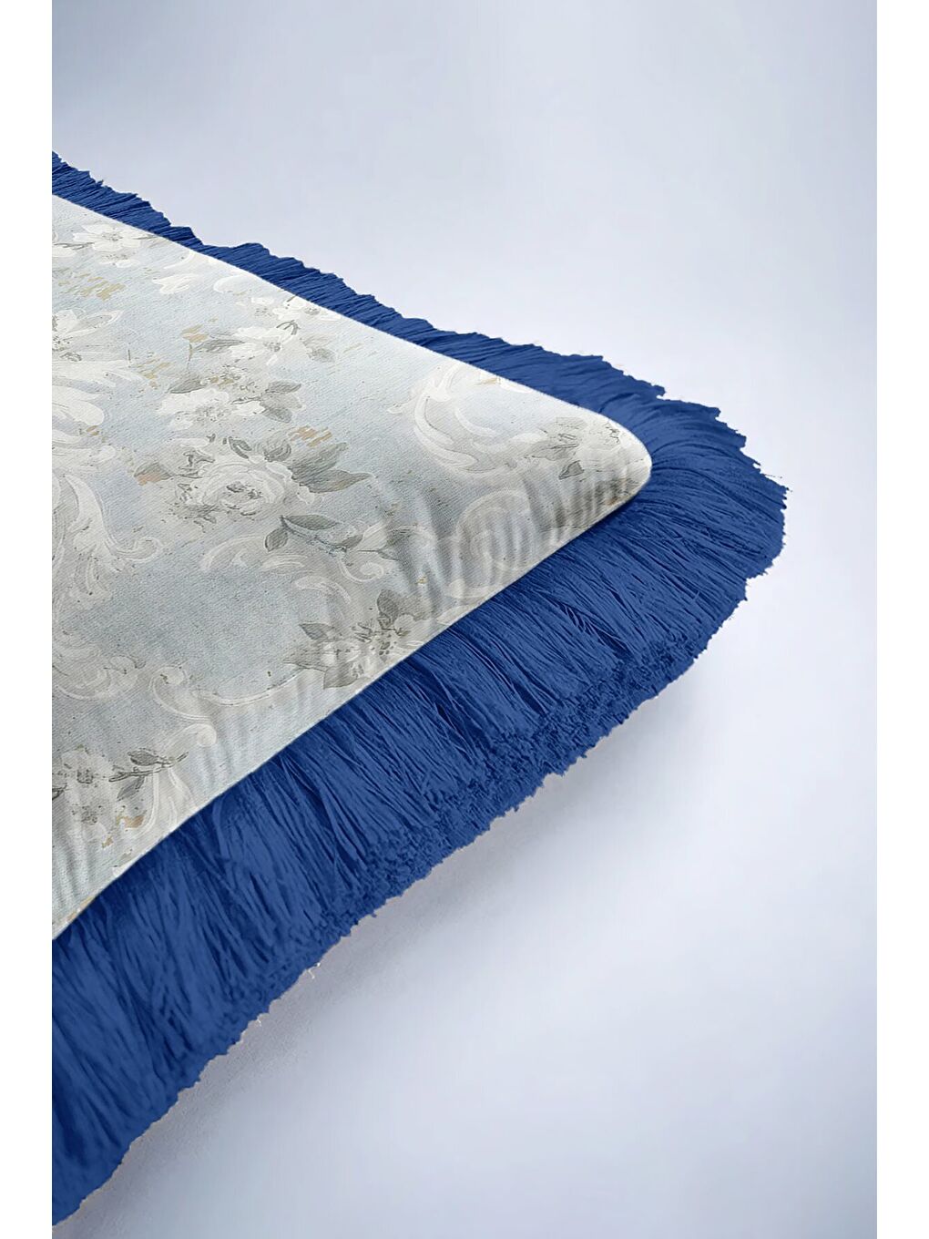 Karışık Barok Saray Motifli Saçaklı Yastık Kılıfı - Zarif Klasik Mavi Gri Rustik Püsküllü Kırlent Kılıfı-6