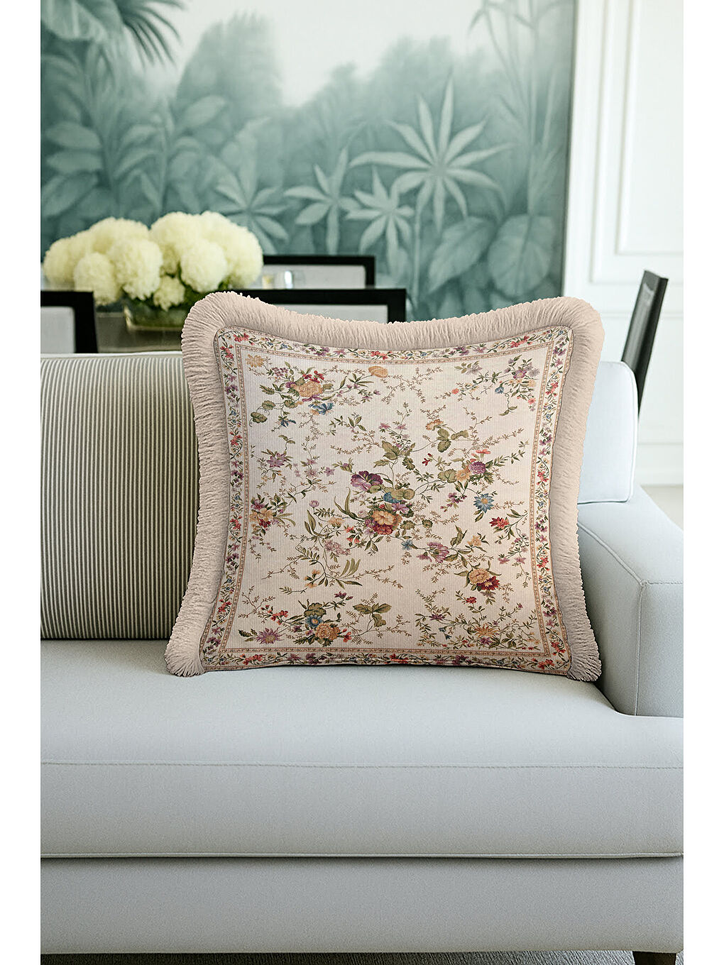Karışık Zarif Vintage Çiçekli Saçaklı Yastık Kılıfı - Krem Klasik Country Bej Püsküllü Kırlent Kılıfı-4
