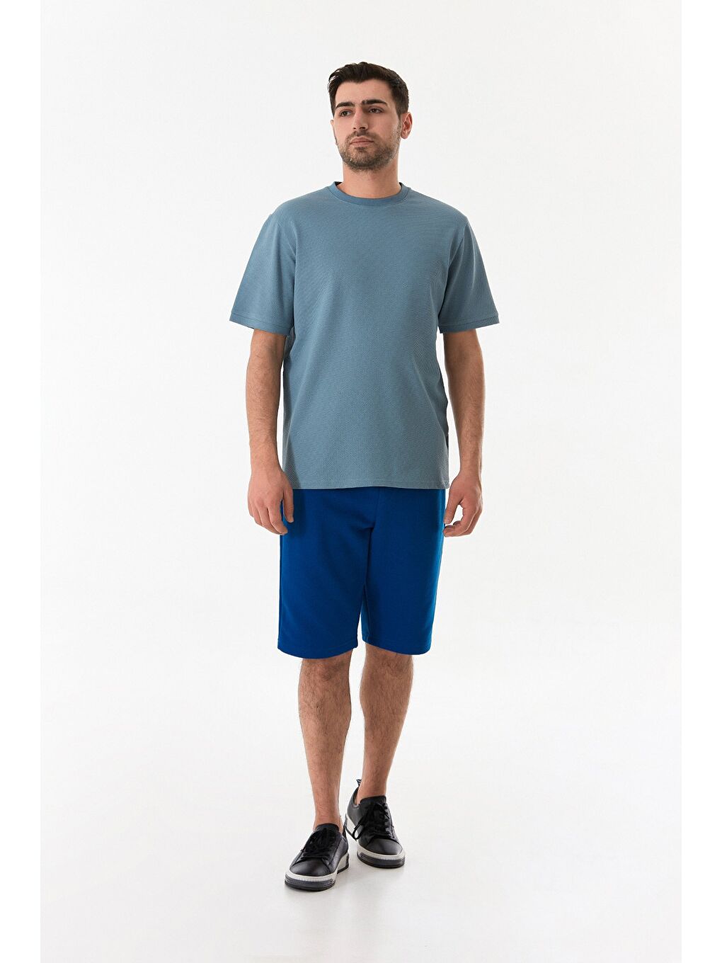 Mavi Petek Kumaş Bisiklet Yaka Tişört-1