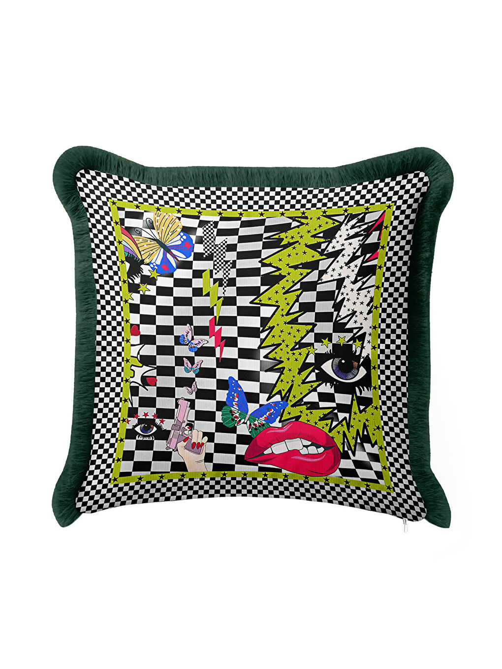 Karışık Pop Art Geometrik Saçaklı Yastık Kılıfı - Punk Enerjisi Bohem Siyah Yeşil Püsküllü Kırlent Kılıfı-4