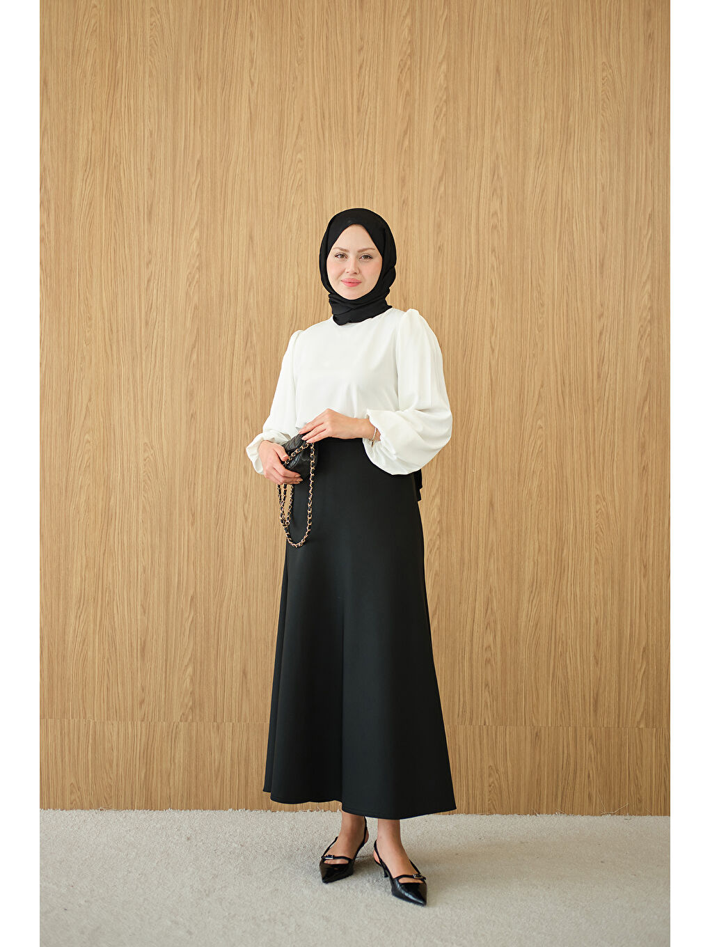 Kadın Dik Yakalı Ve Balon Kol Bluz Beyaz-2