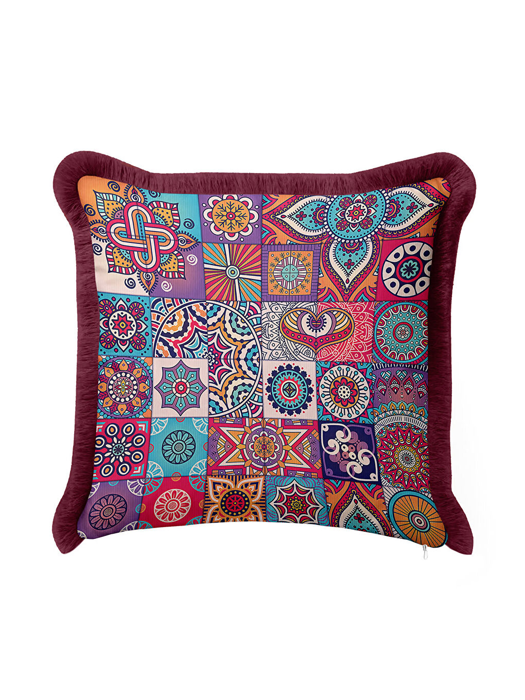 Karışık Etnik Mozaik Renkli Saçaklı Yastık Kılıfı - Mandala Bohem Mor Turkuaz Püsküllü Kırlent Kılıfı-3