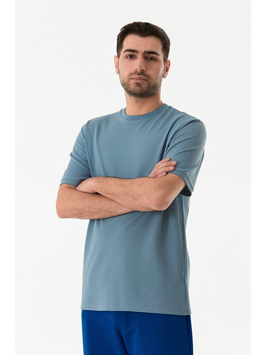 Mavi Petek Kumaş Bisiklet Yaka Tişört-3