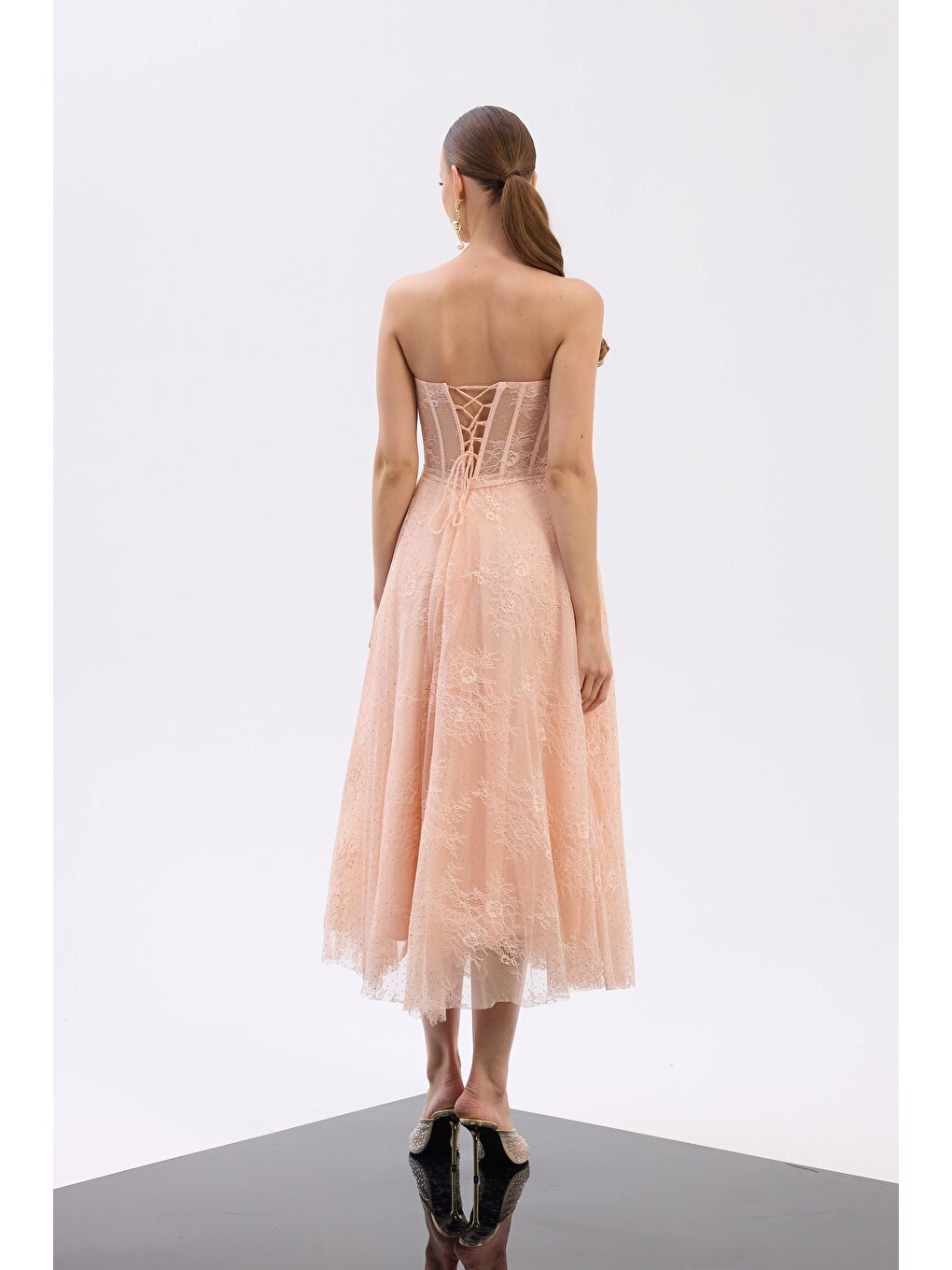 Pembe Pudra Straplez Midi Tül Söz Elbisesi-5