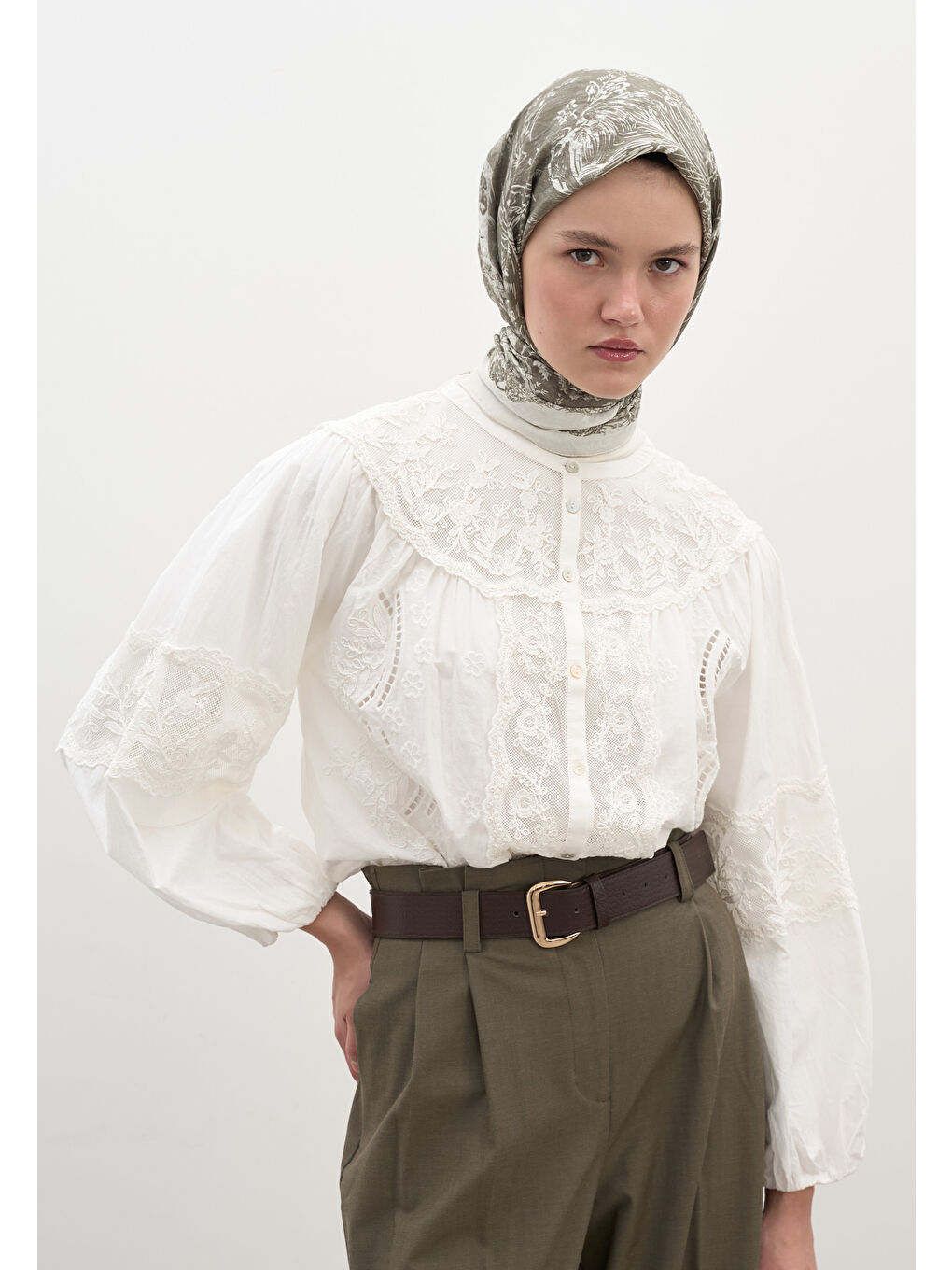 Secret Elegance Desen Pamuklu Viskon Eşarp Haki