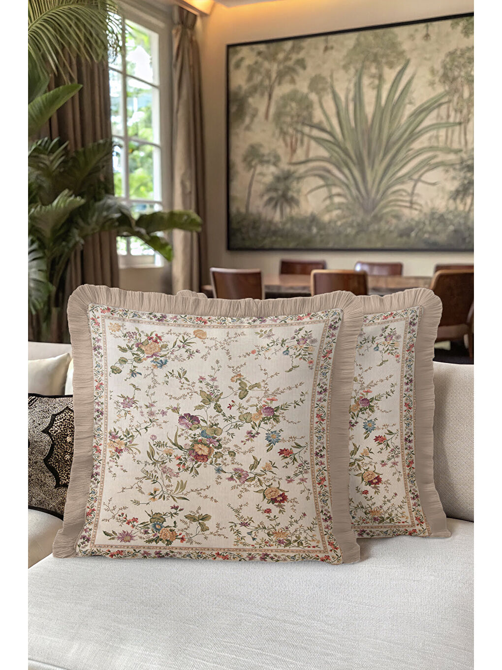 Karışık Zarif Vintage Çiçekli Saçaklı Yastık Kılıfı - Krem Klasik Country Bej Püsküllü Kırlent Kılıfı-5