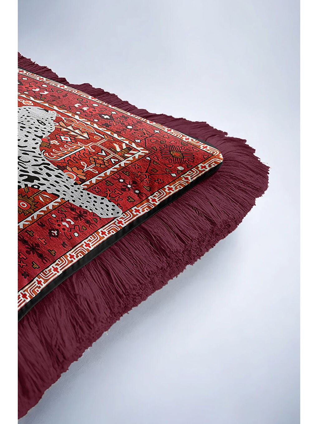 Karışık Lüks Leopar Halı Motifli Saçaklı Yastık Kılıfı - Vintage Bohem Kırmızı Gold Püsküllü Kırlent Kılıfı-6