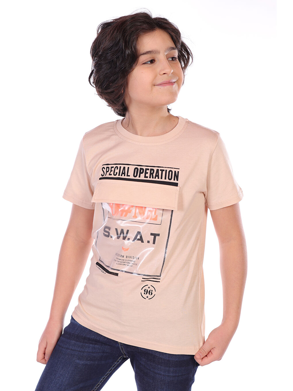 Bej Erkek Çocuk Süs Cepli Special Operation Baskılı Tişört