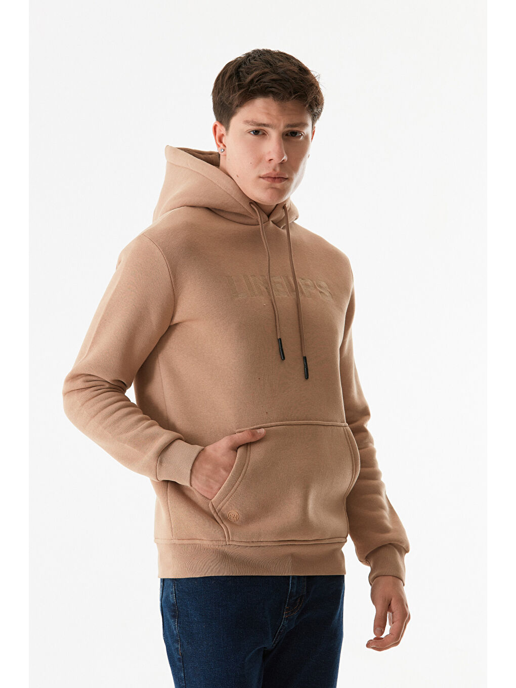 Fullamoda Camel Yazı Nakışlı Kanguru Cepli Kapüşonlu Sweatshirt