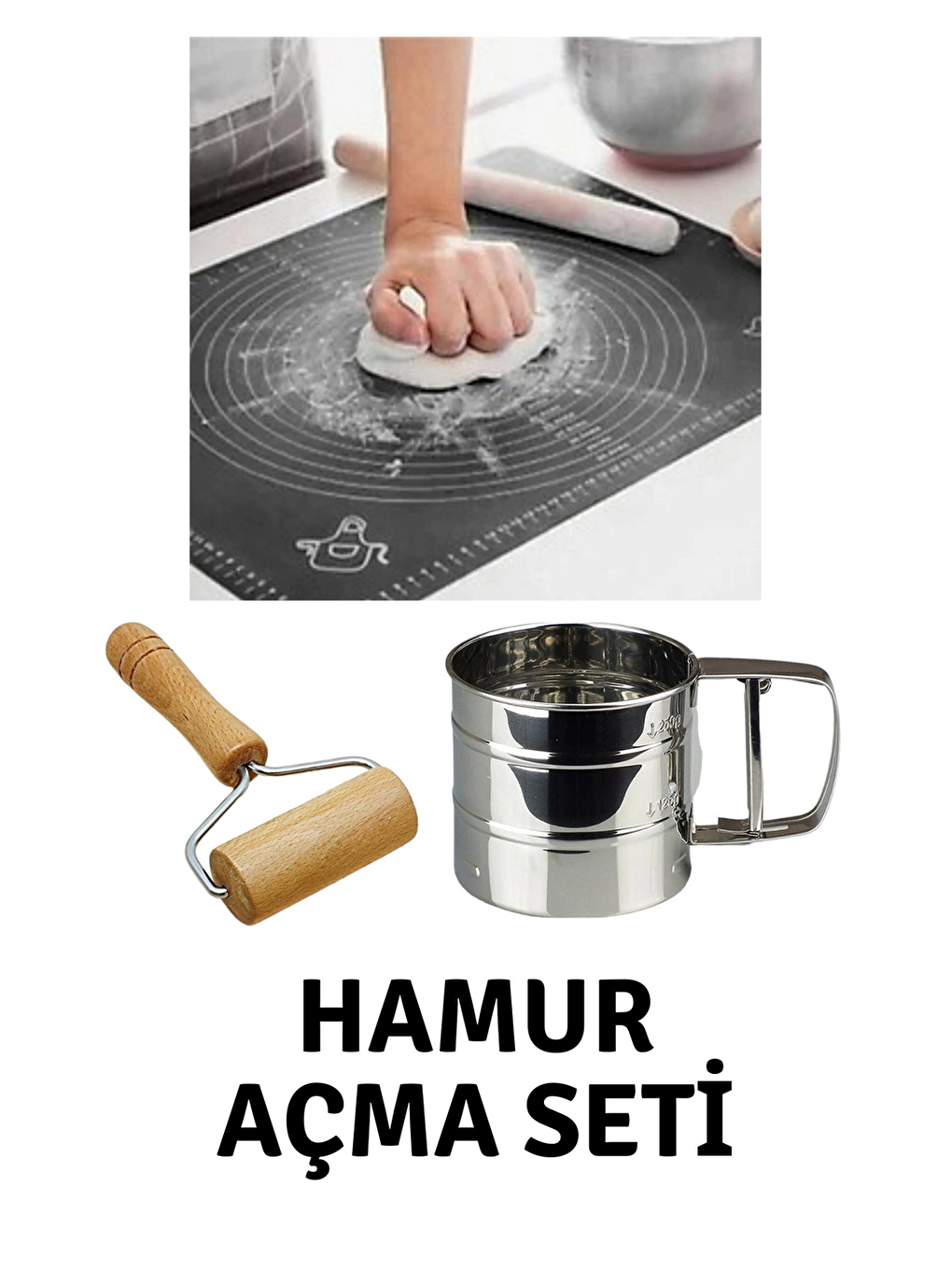 Antrasit 45x65 Cm Silikon Hamur Açma Matı, Çelik Un Eleği ve Ahşap Saplı Hamur Açıcı