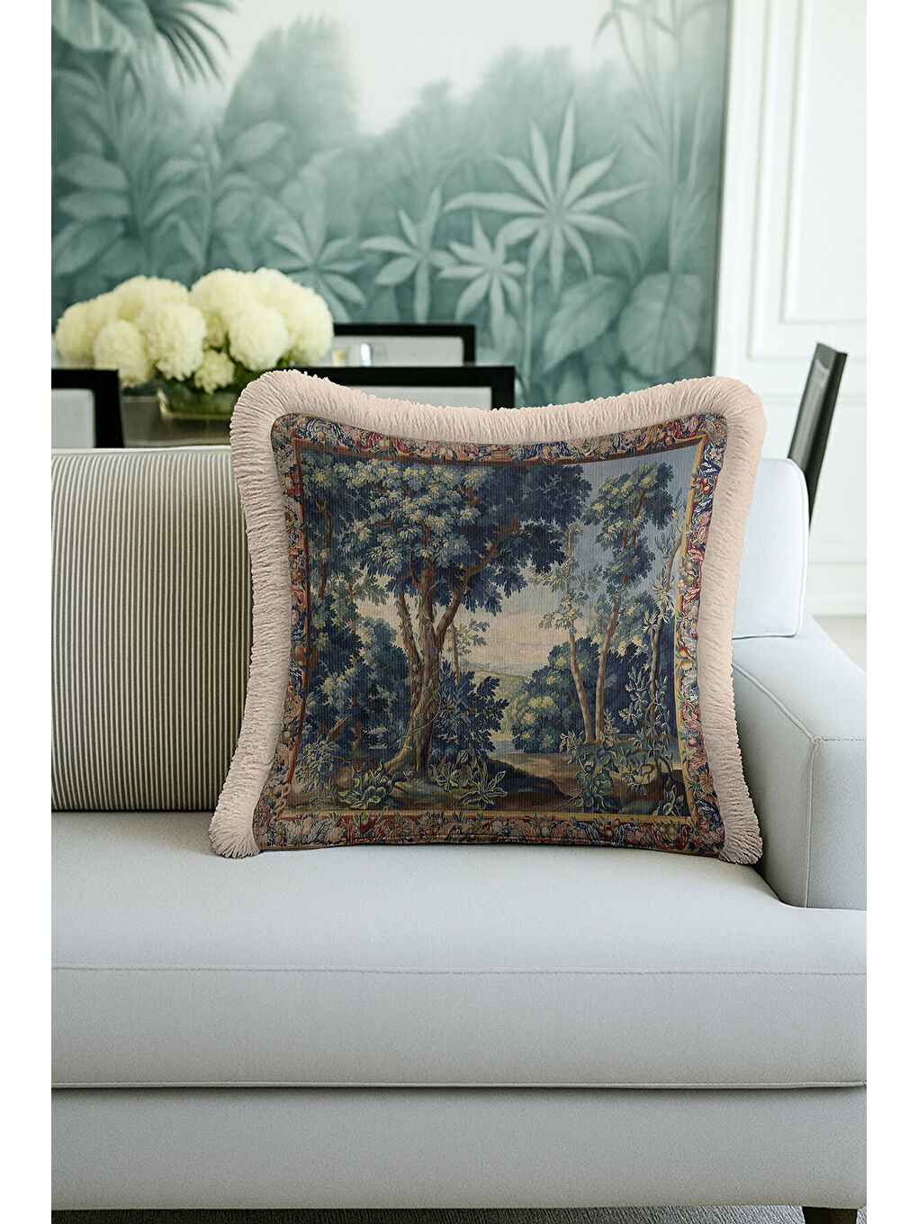 Karışık Barok Vışıl Orman Saçaklı Yastık Kılıfı - Vintage Doğa Tema Klasik Mavi Bej Püsküllü Kırlent Kılıfı