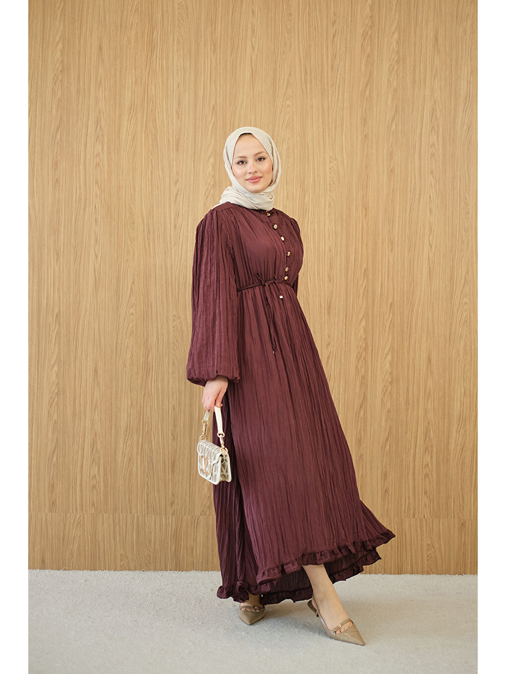 Kadın Asimetrik Fırfırlı Bel Bağlamalı Piliseli Elbise Bordo-1