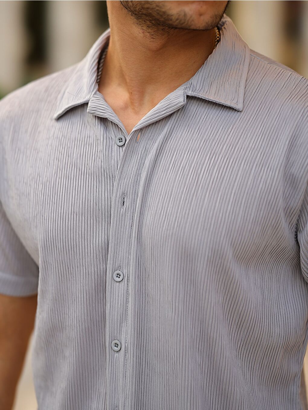 Gri Erkek Yazlık Elastanlı Slim Fit Gömlek Yaka Kısa Kollu Gömlek-1