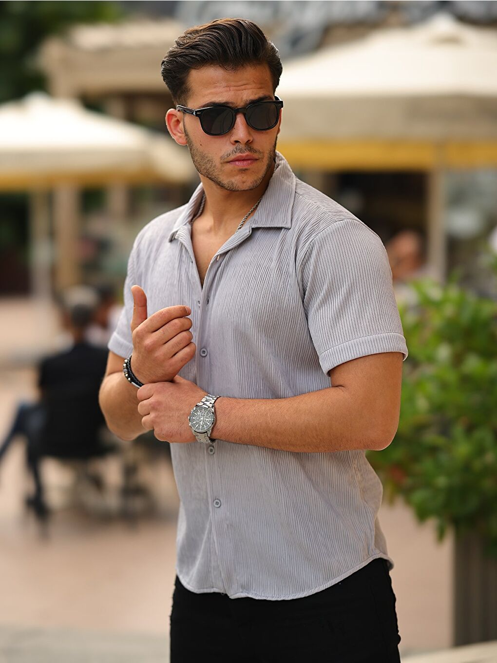 Gri Erkek Yazlık Elastanlı Slim Fit Gömlek Yaka Kısa Kollu Gömlek-2