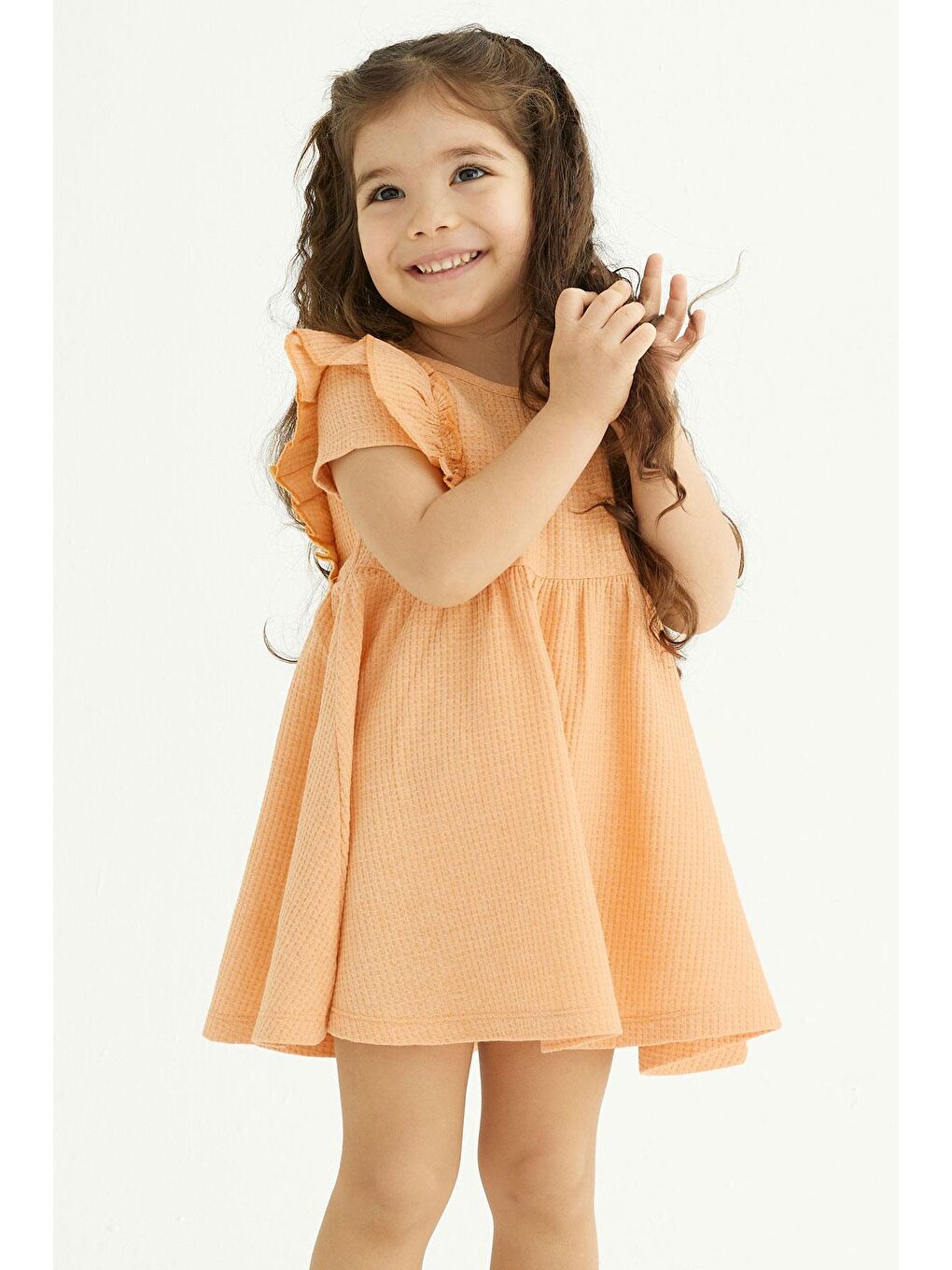 Sarı Bisiklet Yaka Fırfırlı Beli Büzgülü Hardal Renk Kız Çocuk Elbise-1