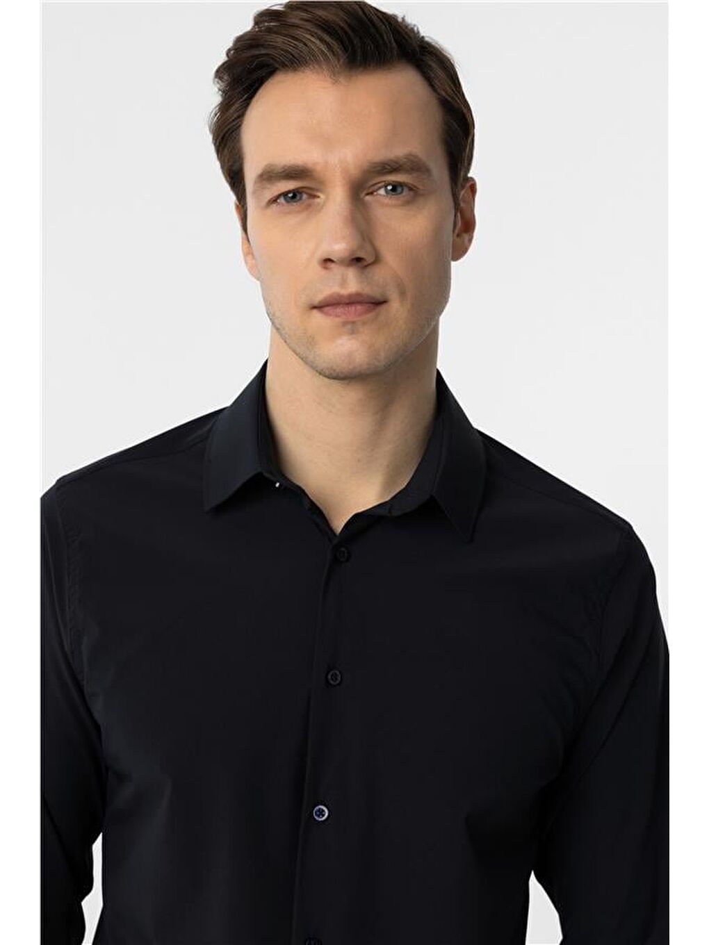 Lacivert Slim Düz Klasik Yaka Gömlek-1