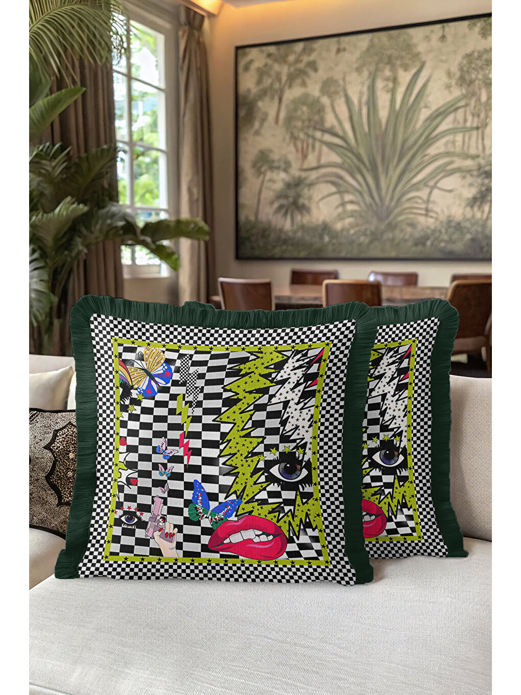 Karışık Pop Art Geometrik Saçaklı Yastık Kılıfı - Punk Enerjisi Bohem Siyah Yeşil Püsküllü Kırlent Kılıfı-5