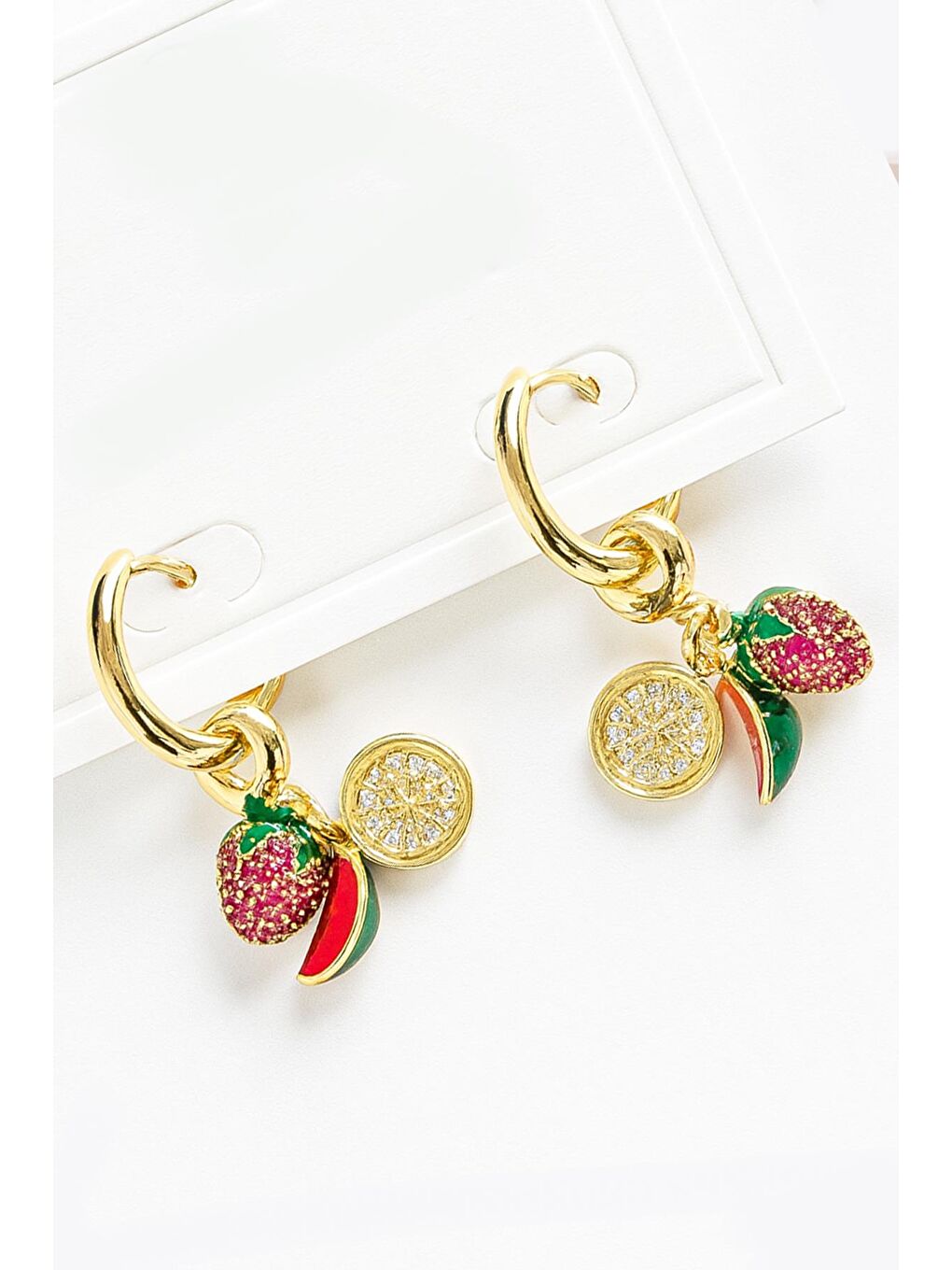 Sarı Karpuz ve Çilek Charmlı Çelik Kadın Küpe-1