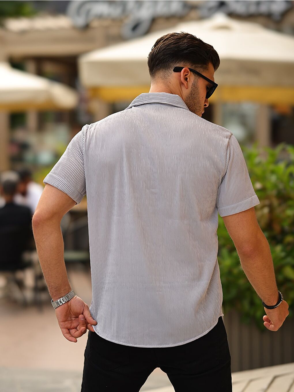 Gri Erkek Yazlık Elastanlı Slim Fit Gömlek Yaka Kısa Kollu Gömlek-3