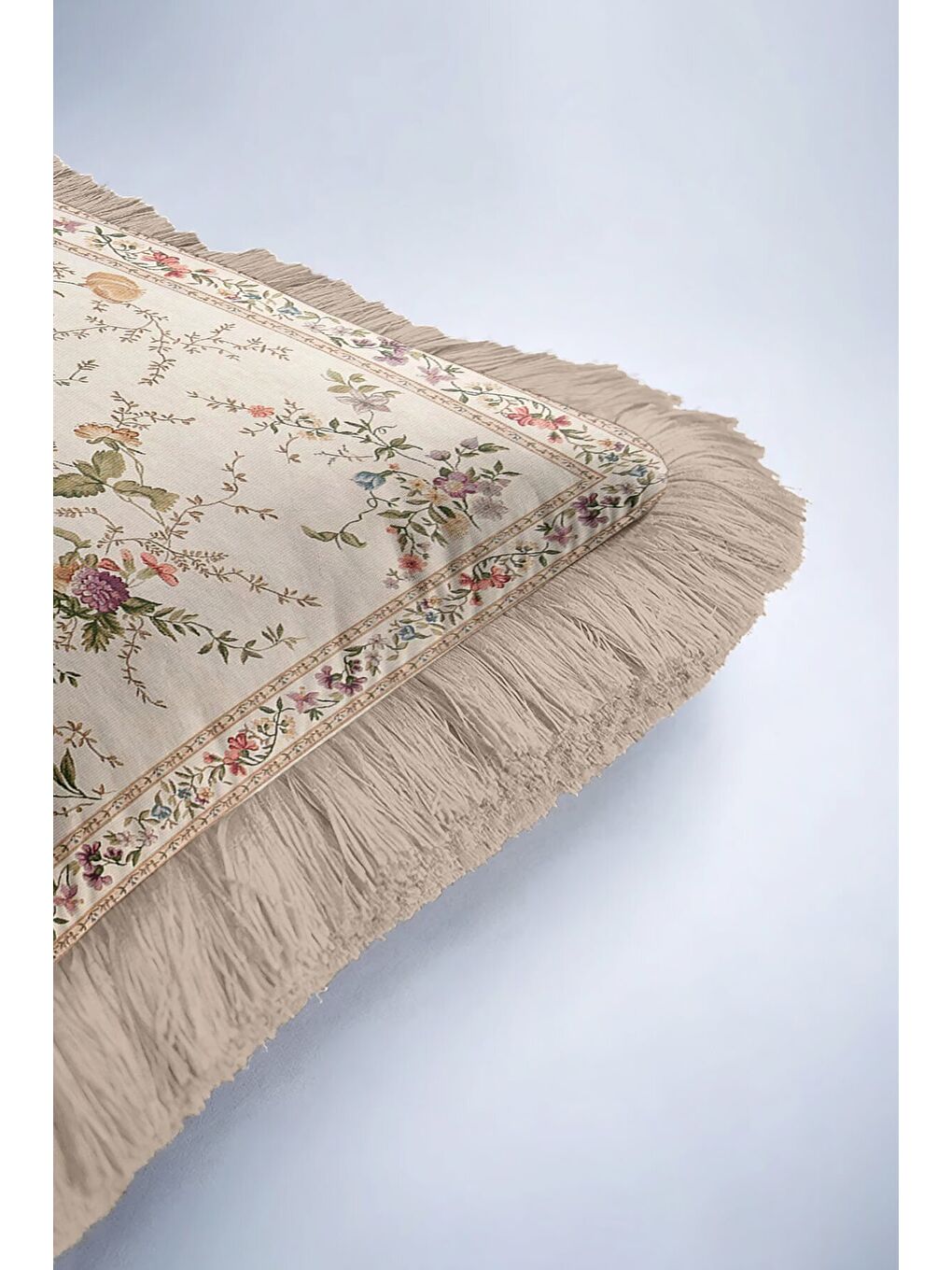 Karışık Zarif Vintage Çiçekli Saçaklı Yastık Kılıfı - Krem Klasik Country Bej Püsküllü Kırlent Kılıfı-6