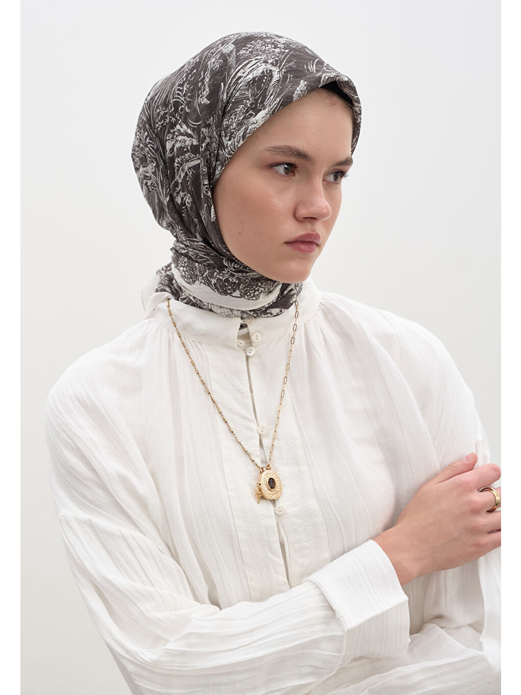 Secret Elegance Desen Pamuklu Viskon Eşarp Antrasit-1