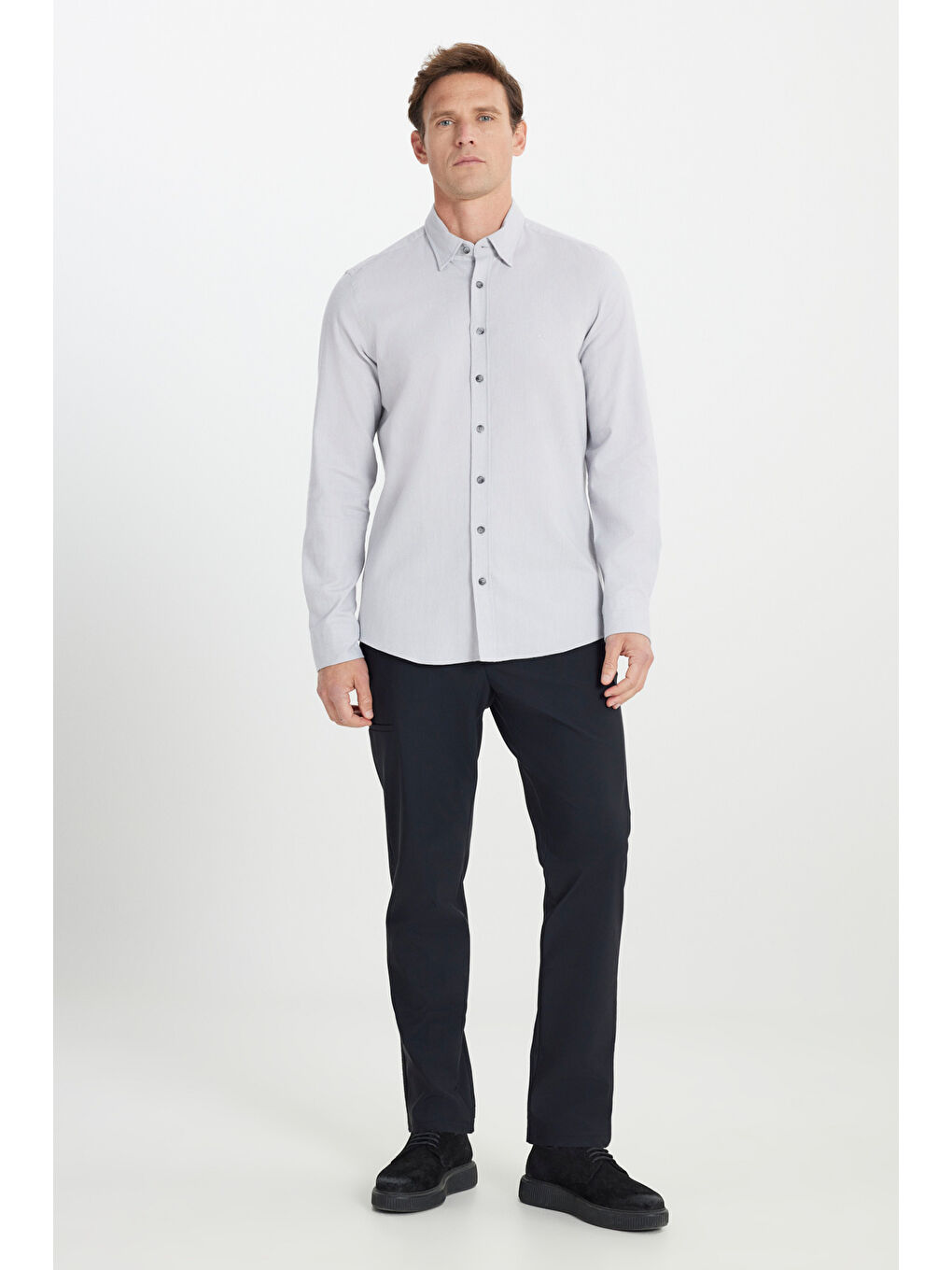 Erkek Açık Gri %100 Pamuk Flanel Slim Fit Dar Kesim Gizli Düğmeli Yaka Gömlek-1