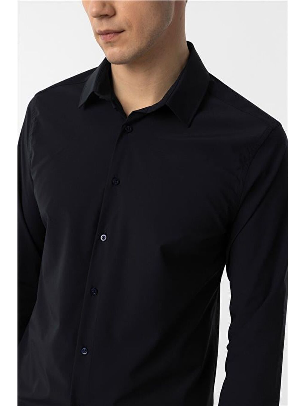 Lacivert Slim Düz Klasik Yaka Gömlek-2