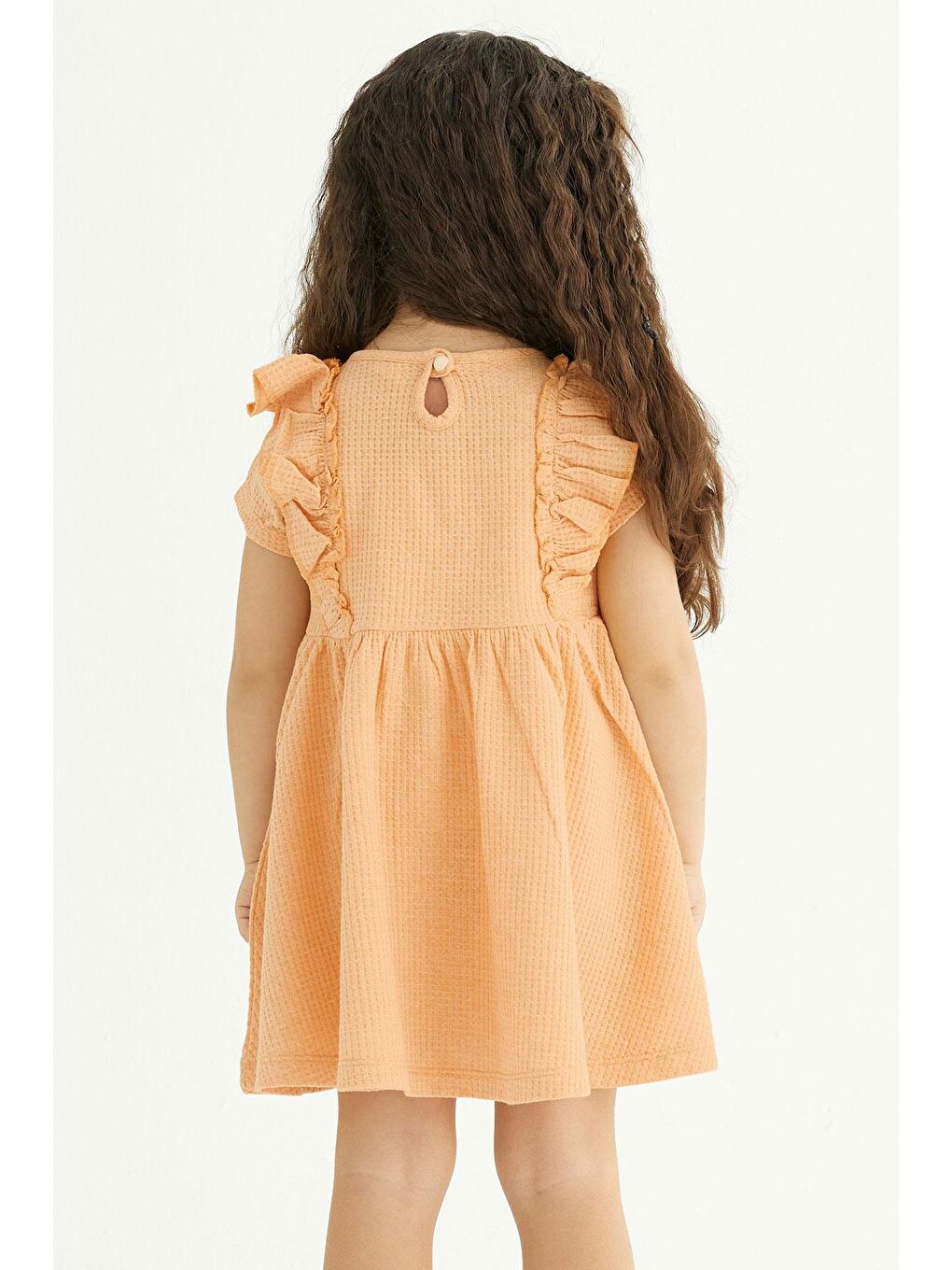 Sarı Bisiklet Yaka Fırfırlı Beli Büzgülü Hardal Renk Kız Çocuk Elbise-2