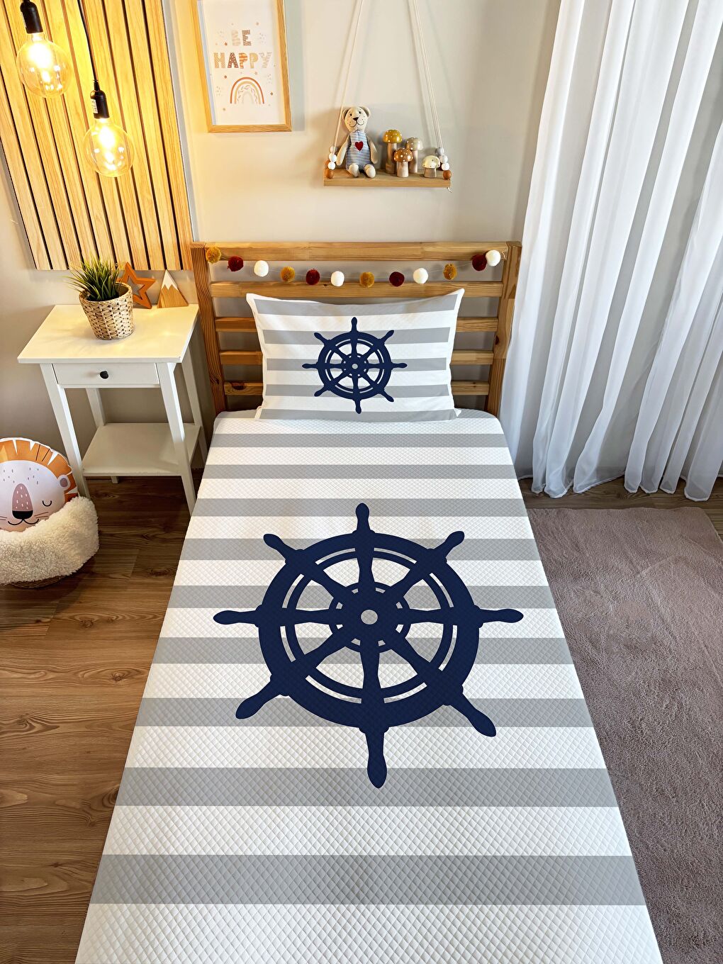 Karışık Marin ve Çıpa Desen Tek Kişilik Çocuk Pike Takımı 160x220 cm-1