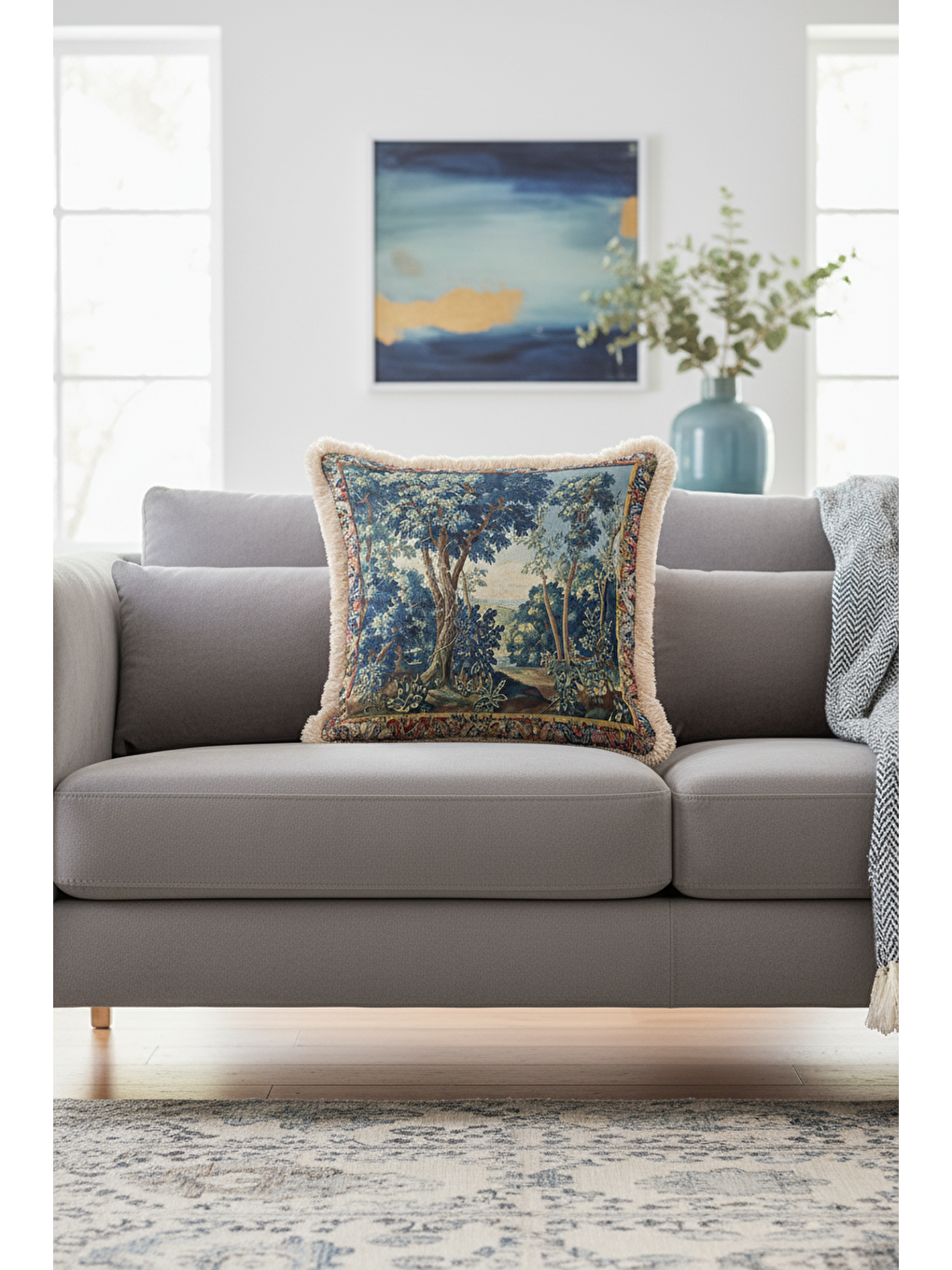 Karışık Barok Vışıl Orman Saçaklı Yastık Kılıfı - Vintage Doğa Tema Klasik Mavi Bej Püsküllü Kırlent Kılıfı-1