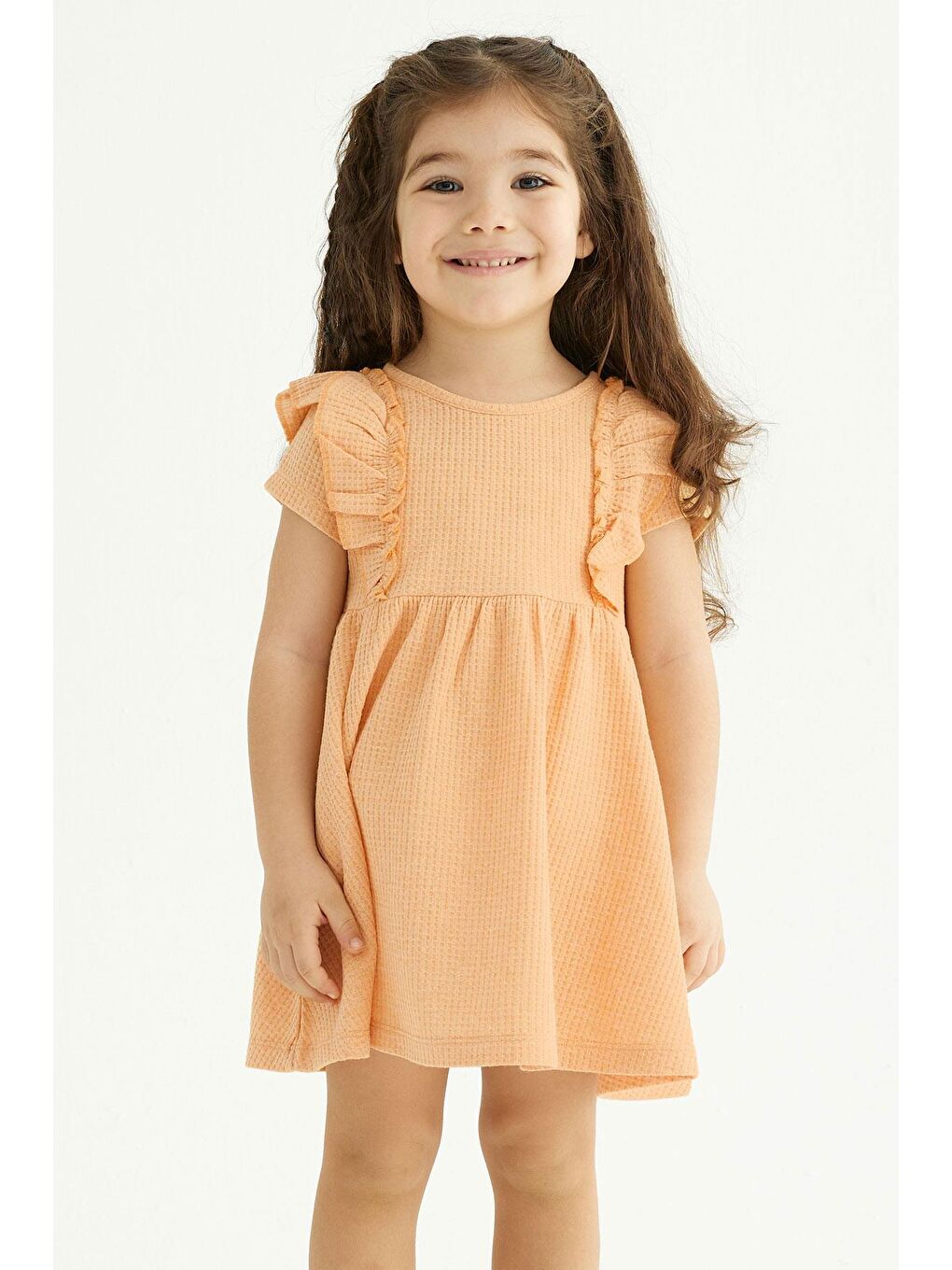 Sarı Bisiklet Yaka Fırfırlı Beli Büzgülü Hardal Renk Kız Çocuk Elbise-3