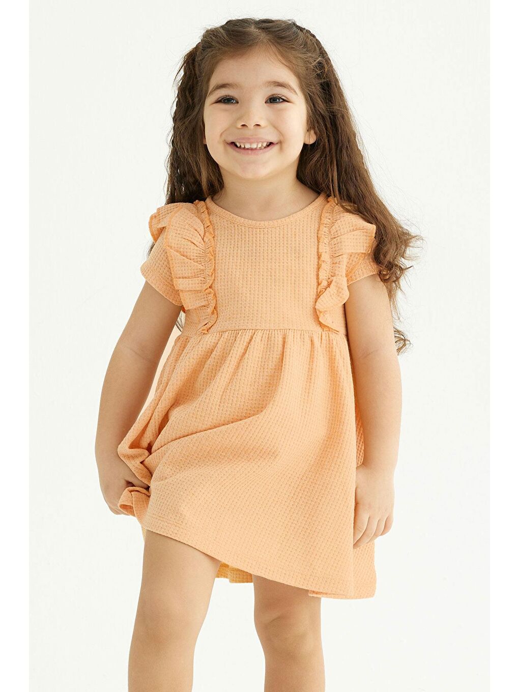 Sarı Bisiklet Yaka Fırfırlı Beli Büzgülü Hardal Renk Kız Çocuk Elbise-4