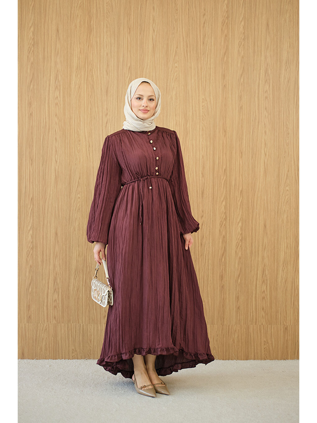 Kadın Asimetrik Fırfırlı Bel Bağlamalı Piliseli Elbise Bordo-4