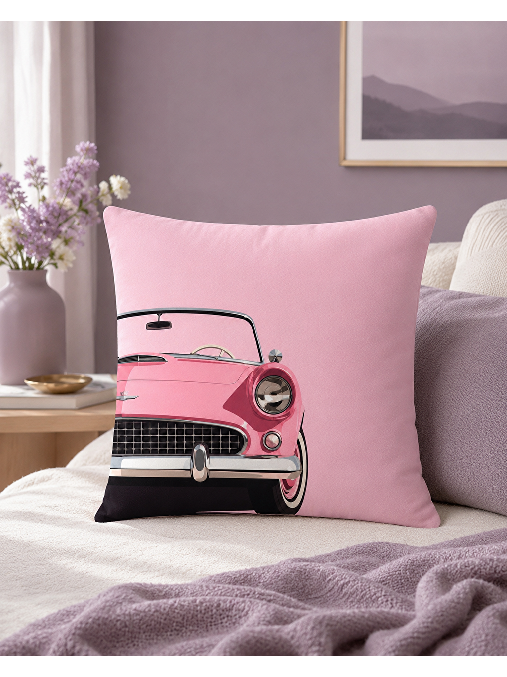 Vintage Pembe Otomobil Baskılı Dekoratif Kırlent Kılıfı 43x43 Cm Retro Salon Dekoru-1