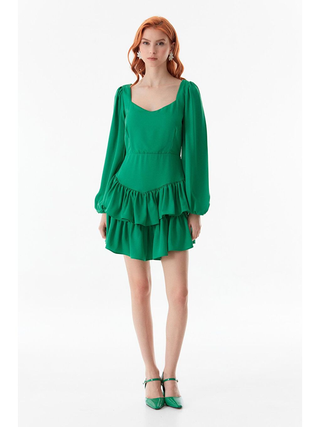 Yeşil Etek Ucu Fırfırlı Elbise-1