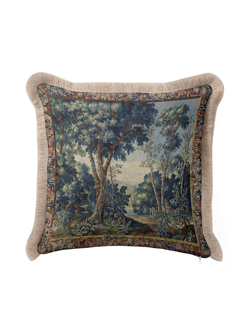Karışık Barok Vışıl Orman Saçaklı Yastık Kılıfı - Vintage Doğa Tema Klasik Mavi Bej Püsküllü Kırlent Kılıfı-2