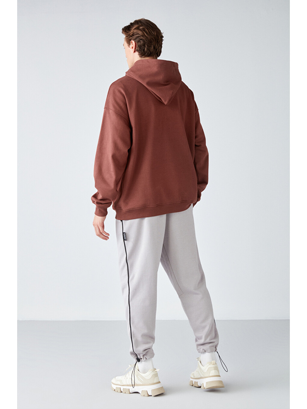 Mood Erkek İçi Polarlı Yazı Baskılı Yakası Çıtçıtlı Kapüşonlu Kahverengi Sweatshirt-4