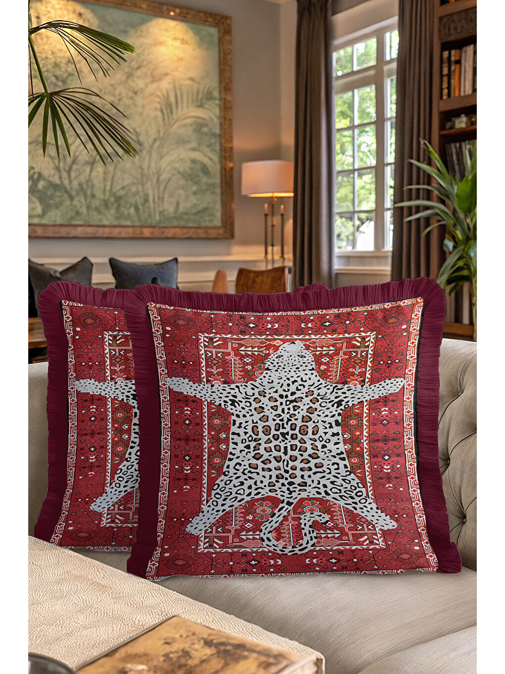 Karışık Lüks Leopar Halı Motifli Saçaklı Yastık Kılıfı - Vintage Bohem Kırmızı Gold Püsküllü Kırlent Kılıfı-7