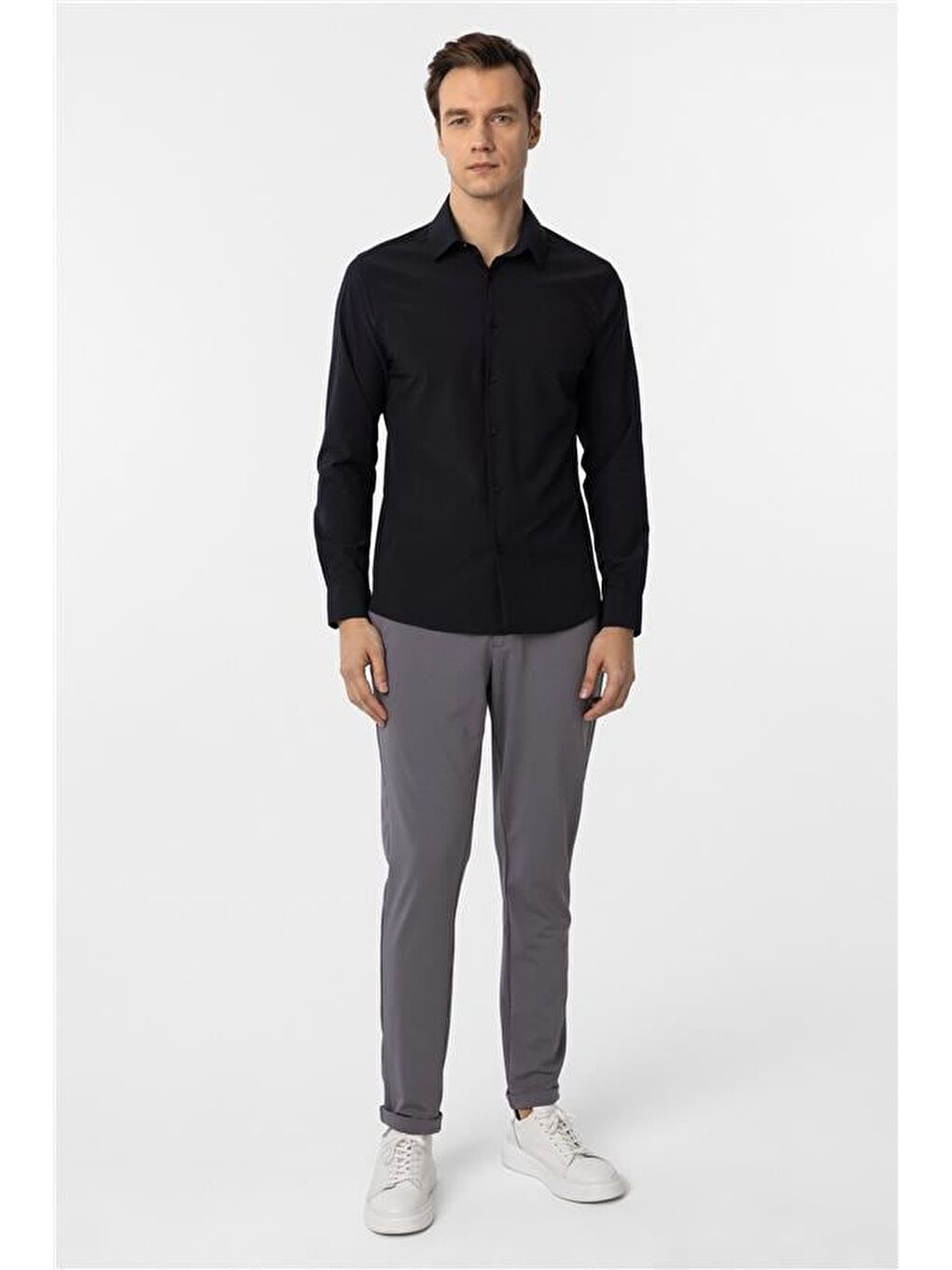 Lacivert Slim Düz Klasik Yaka Gömlek-4