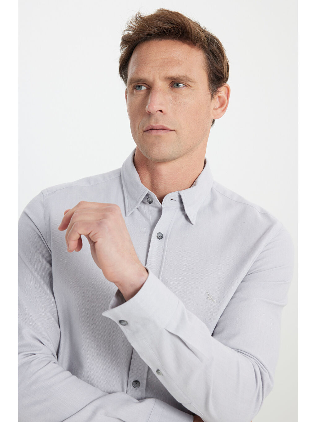 Erkek Açık Gri %100 Pamuk Flanel Slim Fit Dar Kesim Gizli Düğmeli Yaka Gömlek-3