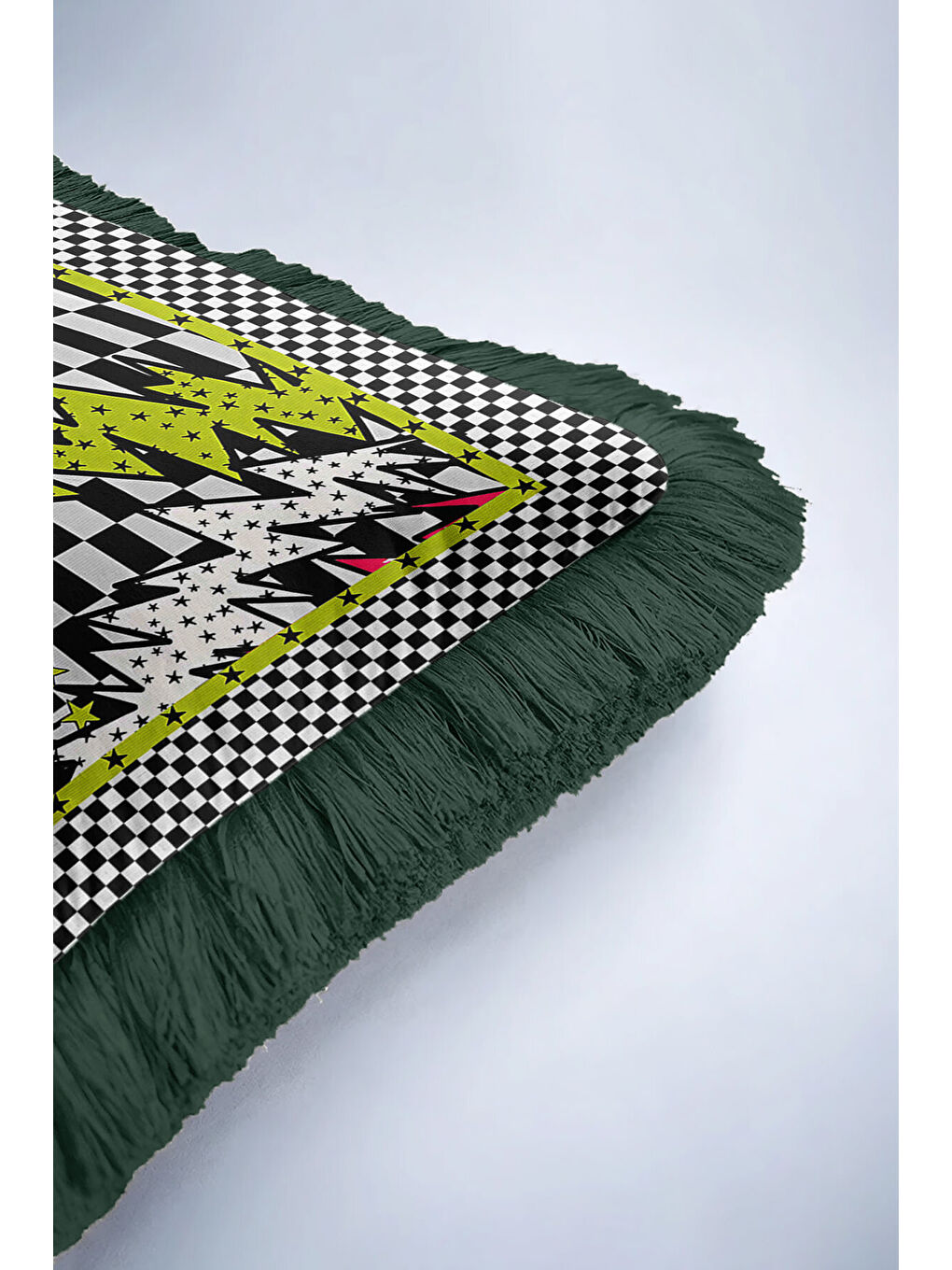 Karışık Pop Art Geometrik Saçaklı Yastık Kılıfı - Punk Enerjisi Bohem Siyah Yeşil Püsküllü Kırlent Kılıfı-6