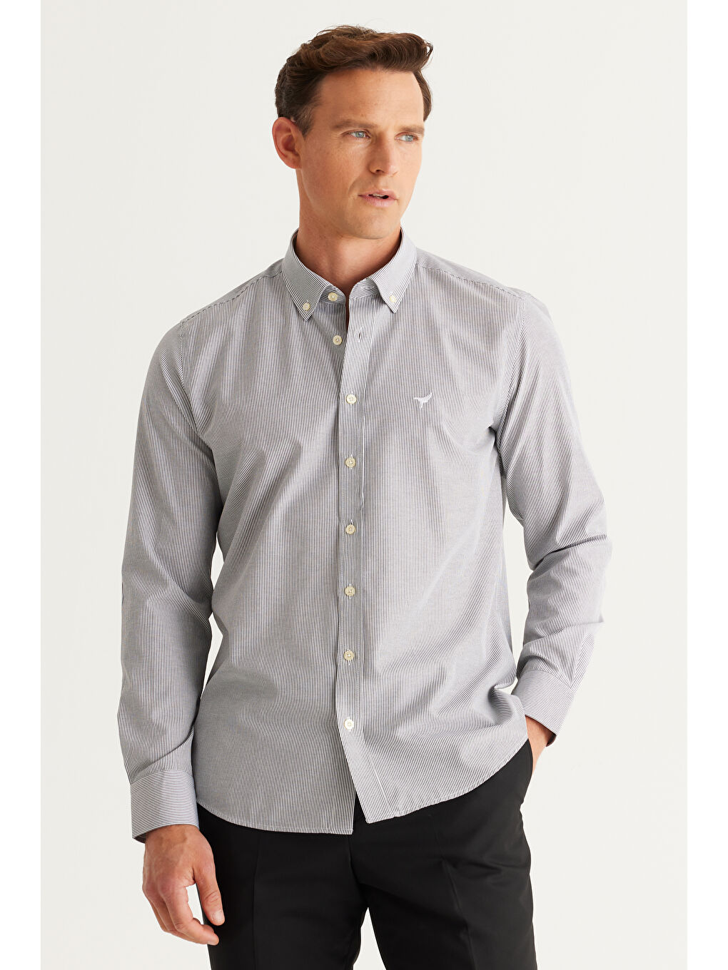 Erkek Antrasit-Beyaz Slim Fit Dar Kesim Düğmeli Yaka Pamuklu Çizgili Gömlek-2