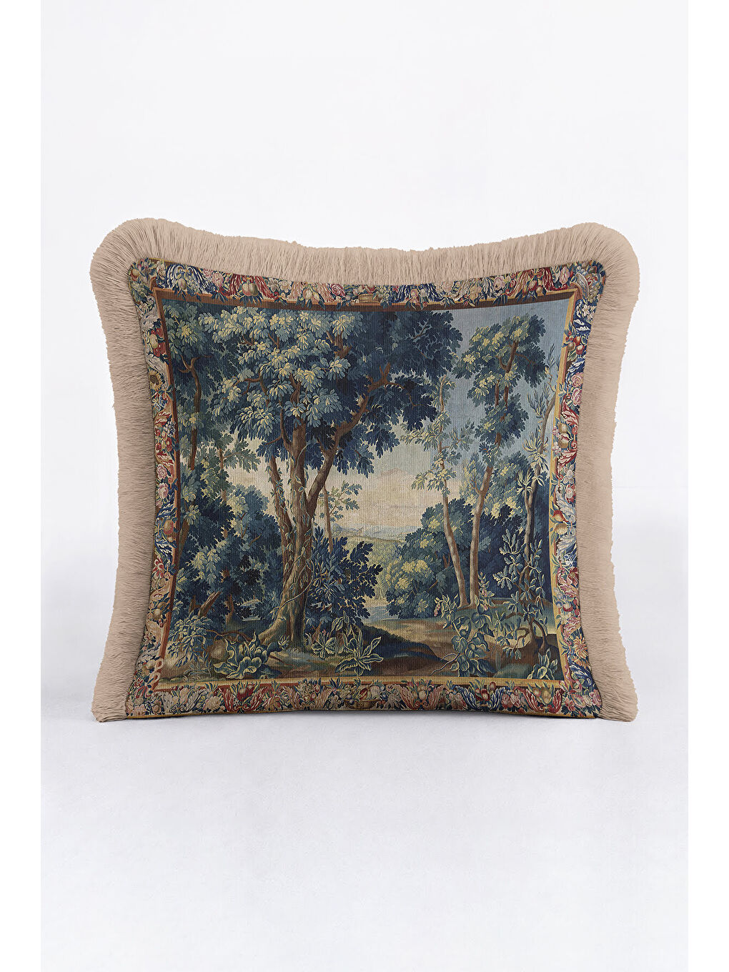 Karışık Barok Vışıl Orman Saçaklı Yastık Kılıfı - Vintage Doğa Tema Klasik Mavi Bej Püsküllü Kırlent Kılıfı-3