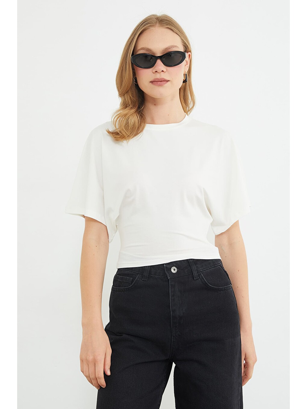 Ekru Yarasa Kol Bisiklet Yaka Crop Bluz-2