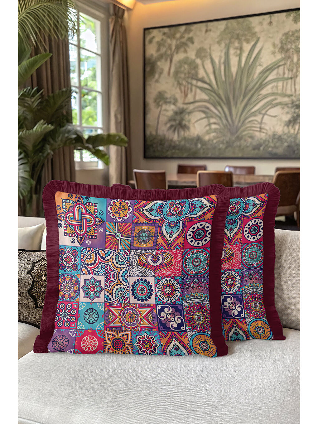 Karışık Etnik Mozaik Renkli Saçaklı Yastık Kılıfı - Mandala Bohem Mor Turkuaz Püsküllü Kırlent Kılıfı-5