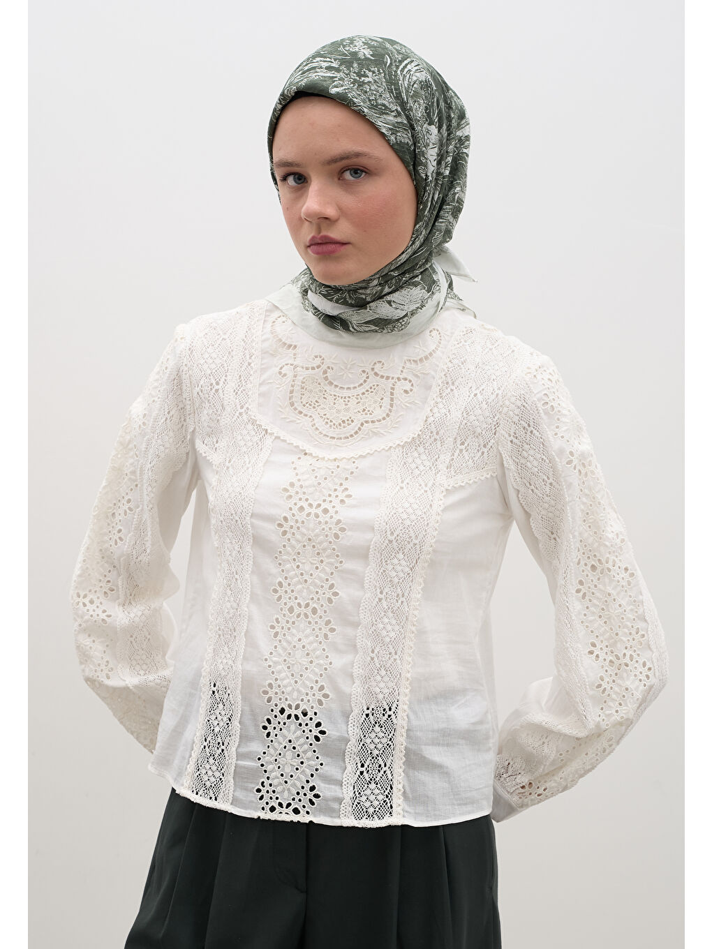 Secret Elegance Desen Pamuklu Viskon Eşarp Koyu Yeşil