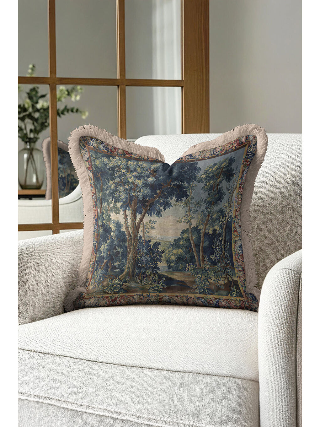 Karışık Barok Vışıl Orman Saçaklı Yastık Kılıfı - Vintage Doğa Tema Klasik Mavi Bej Püsküllü Kırlent Kılıfı-4